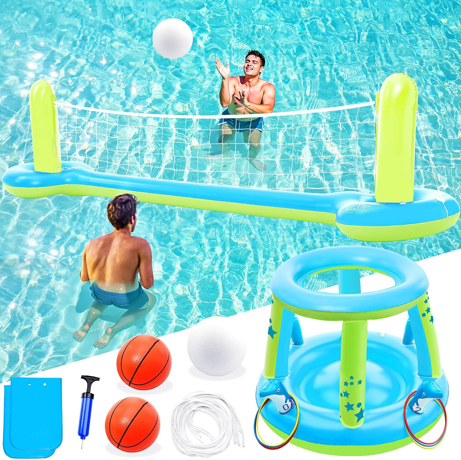 3-in-1 Pool Games Set — Volleyball, Basketball & Ring Toss